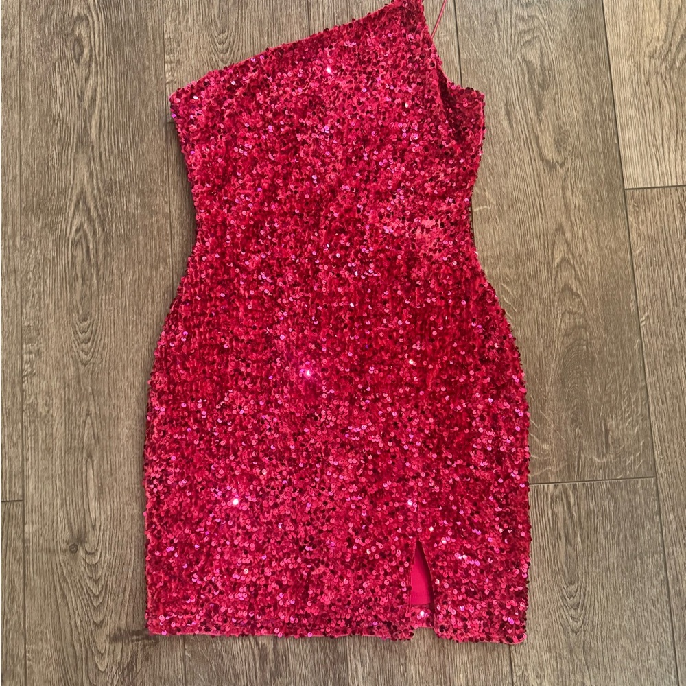 Francesca’s Hot pink Sparkly Off Shoulder Dress